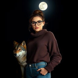 A striking woman standing confidently against a dark night sky, with a dynamic lighting creating dramatic shadows