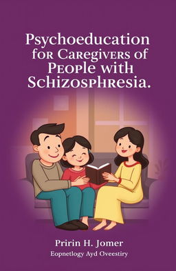 An animated book cover depicting a warm and supportive family scene at home, caring for a person diagnosed with schizophrenia