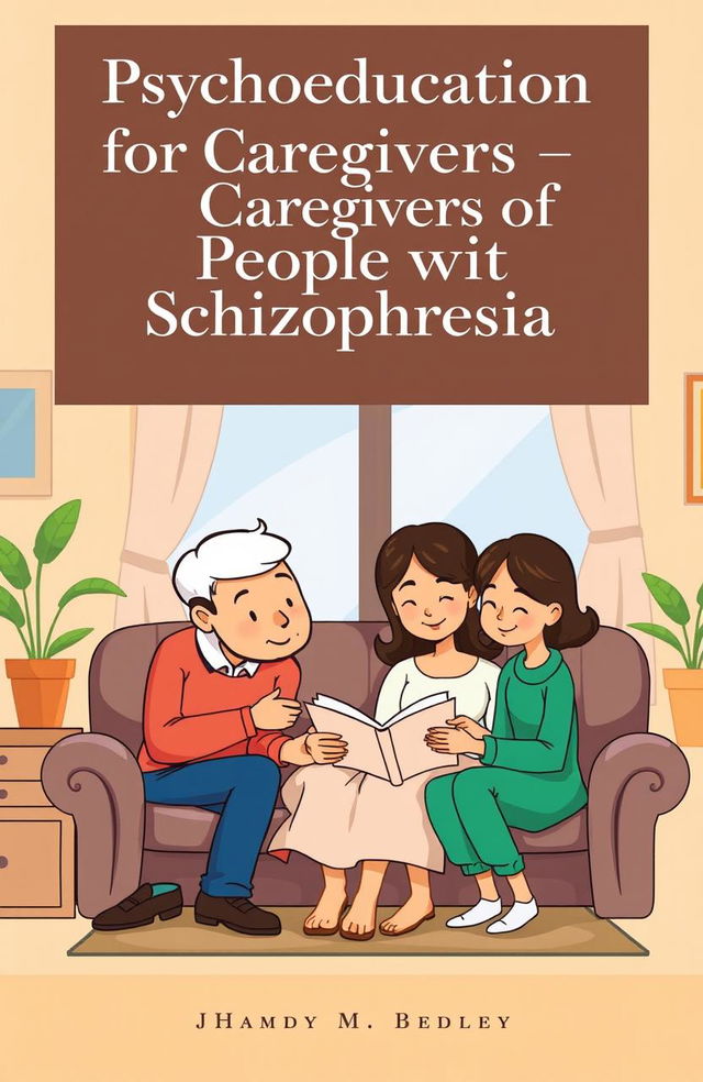 An animated book cover depicting a warm and supportive family scene at home, caring for a person diagnosed with schizophrenia