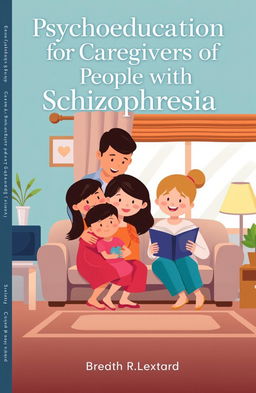 An animated book cover depicting a warm and supportive family scene at home, caring for a person diagnosed with schizophrenia