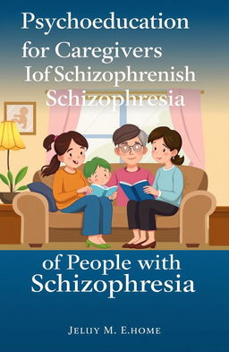 An animated book cover depicting a warm and supportive family scene at home, caring for a person diagnosed with schizophrenia
