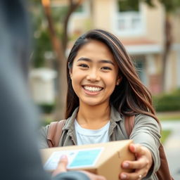 A medium shot of a young woman named Tyla smiling brightly as she hands over a package to someone just outside the frame