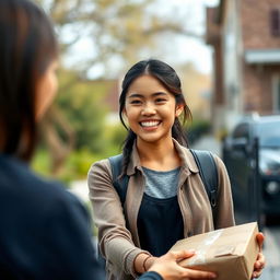 A medium shot of a young woman named Tyla smiling brightly as she hands over a package to someone just outside the frame