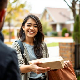 A medium shot of a young woman named Tyla smiling brightly as she hands over a package to someone just outside the frame