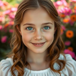 A close-up portrait of a teenage girl with stunning features: bright green eyes that sparkle with energy, wavy chestnut hair cascading down her shoulders