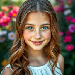 A close-up portrait of a teenage girl with stunning features: bright green eyes that sparkle with energy, wavy chestnut hair cascading down her shoulders