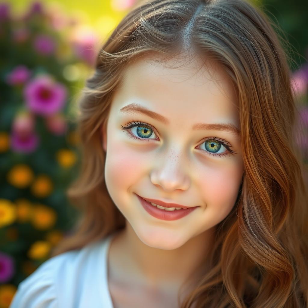 A close-up portrait of a teenage girl with stunning features: bright green eyes that sparkle with energy, wavy chestnut hair cascading down her shoulders