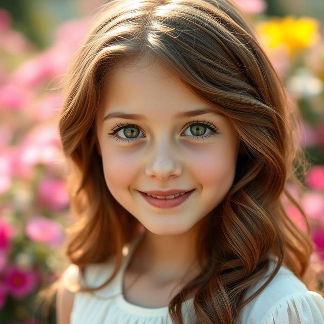 A close-up portrait of a teenage girl with stunning features: bright green eyes that sparkle with energy, wavy chestnut hair cascading down her shoulders