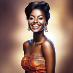 An image showcasing a confident young woman with a rich brown complexion