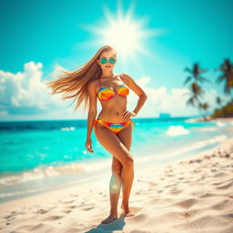 A stunning hot girl in a vibrant bikini, standing confidently on a sandy beach with the sun shining brightly overhead