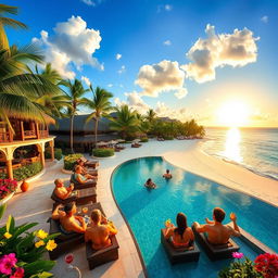 A tropical resort scene featuring a luxurious beachfront with crystal clear turquoise waters and soft white sand