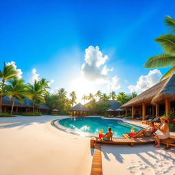 A tropical resort scene featuring a luxurious beachfront with crystal clear turquoise waters and soft white sand