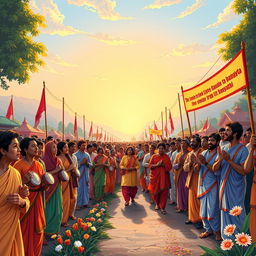 An illustration depicting a vibrant and spiritual Harinama Sankirtan Mahayagya rally, filled with enthusiastic devotees chanting and singing joyfully as they walk from Chairaha to Dhangadhi during the auspicious occasion of Gita Jayanti