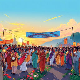 An illustration depicting a vibrant and spiritual Harinama Sankirtan Mahayagya rally, filled with enthusiastic devotees chanting and singing joyfully as they walk from Chairaha to Dhangadhi during the auspicious occasion of Gita Jayanti