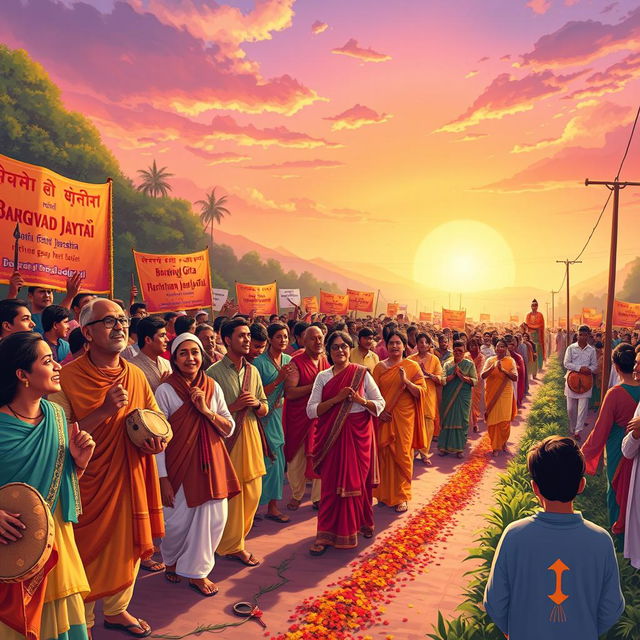 An illustration depicting a vibrant and spiritual Harinama Sankirtan Mahayagya rally, filled with enthusiastic devotees chanting and singing joyfully as they walk from Chairaha to Dhangadhi during the auspicious occasion of Gita Jayanti