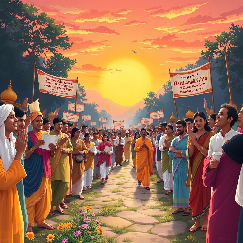 An illustration depicting a vibrant and spiritual Harinama Sankirtan Mahayagya rally, filled with enthusiastic devotees chanting and singing joyfully as they walk from Chairaha to Dhangadhi during the auspicious occasion of Gita Jayanti