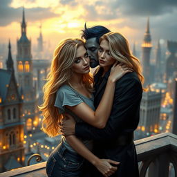 A romantic urban fantasy scene featuring a handsome 35-year-old dark blue-haired male Drow dark elf with gray skin and striking golden eyes