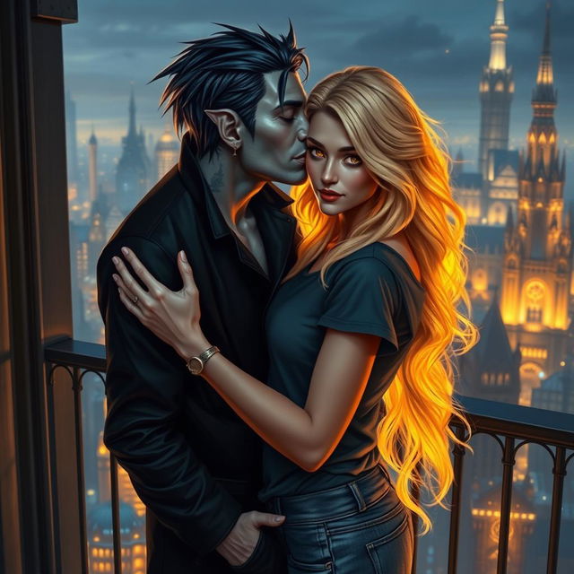 A romantic urban fantasy scene featuring a handsome 35-year-old dark blue-haired male Drow dark elf with gray skin and striking golden eyes