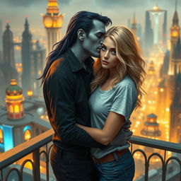 A romantic urban fantasy scene featuring a handsome 35-year-old dark blue-haired male Drow dark elf with gray skin and striking golden eyes