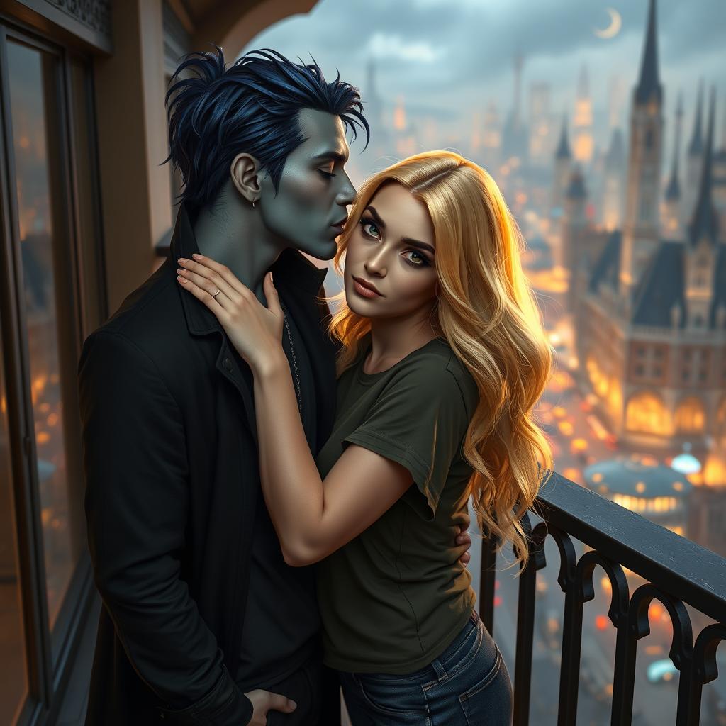A romantic urban fantasy scene featuring a handsome 35-year-old dark blue-haired male Drow dark elf with gray skin and striking golden eyes