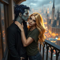 A romantic urban fantasy scene featuring a handsome 35-year-old dark blue-haired male Drow dark elf with gray skin and striking golden eyes