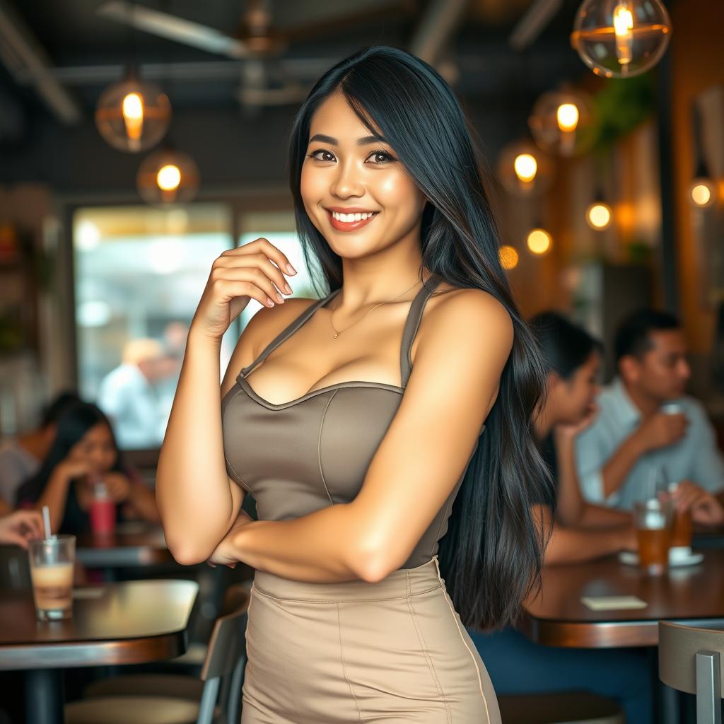 A beautiful Indonesian woman with very large breasts, working as a cafe employee, playfully flirting with the customers
