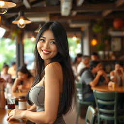 A beautiful Indonesian woman with very large breasts, working as a cafe employee, playfully flirting with the customers