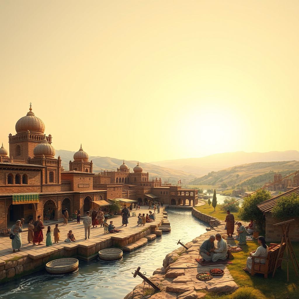 A beautiful, historical landscape of Iraq around the year 1000, showcasing a vibrant scene with bustling marketplaces, traditional architecture such as intricate brick buildings and domes, and the Tigris River flowing through the foreground