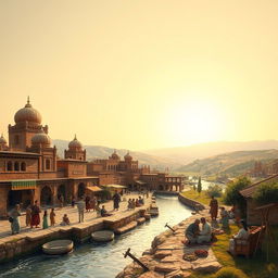 A beautiful, historical landscape of Iraq around the year 1000, showcasing a vibrant scene with bustling marketplaces, traditional architecture such as intricate brick buildings and domes, and the Tigris River flowing through the foreground