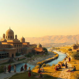 A beautiful, historical landscape of Iraq around the year 1000, showcasing a vibrant scene with bustling marketplaces, traditional architecture such as intricate brick buildings and domes, and the Tigris River flowing through the foreground