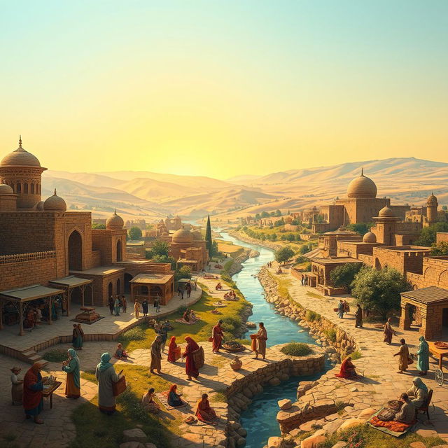 A beautiful, historical landscape of Iraq around the year 1000, showcasing a vibrant scene with bustling marketplaces, traditional architecture such as intricate brick buildings and domes, and the Tigris River flowing through the foreground