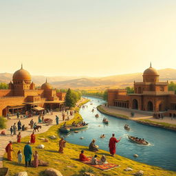 A beautiful, historical landscape of Iraq around the year 1000, showcasing a vibrant scene with bustling marketplaces, traditional architecture such as intricate brick buildings and domes, and the Tigris River flowing through the foreground