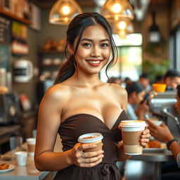 A beautiful Indonesian woman with large breasts, working in a cafe