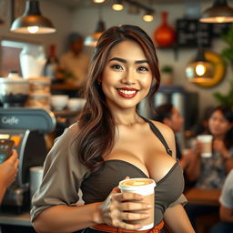 A beautiful Indonesian woman with large breasts, working in a cafe