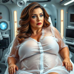 Full body image of a mature woman in a glamour pose, wearing a transparent hospital gown
