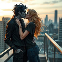 An urban fantasy scene depicting a couple sharing a passionate kiss on a balcony