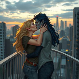 An urban fantasy scene depicting a couple sharing a passionate kiss on a balcony