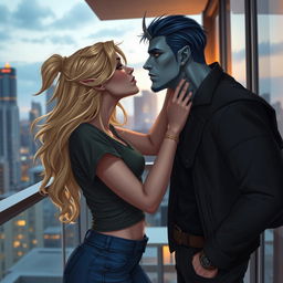 An urban fantasy scene depicting a couple sharing a passionate kiss on a balcony