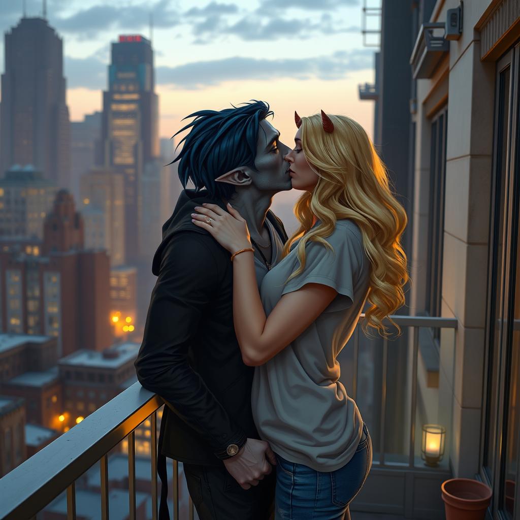 An urban fantasy scene depicting a couple sharing a passionate kiss on a balcony