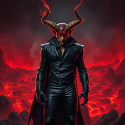 A devilish figure with an imposing presence, featuring large, curved horns protruding from a fiery red forehead