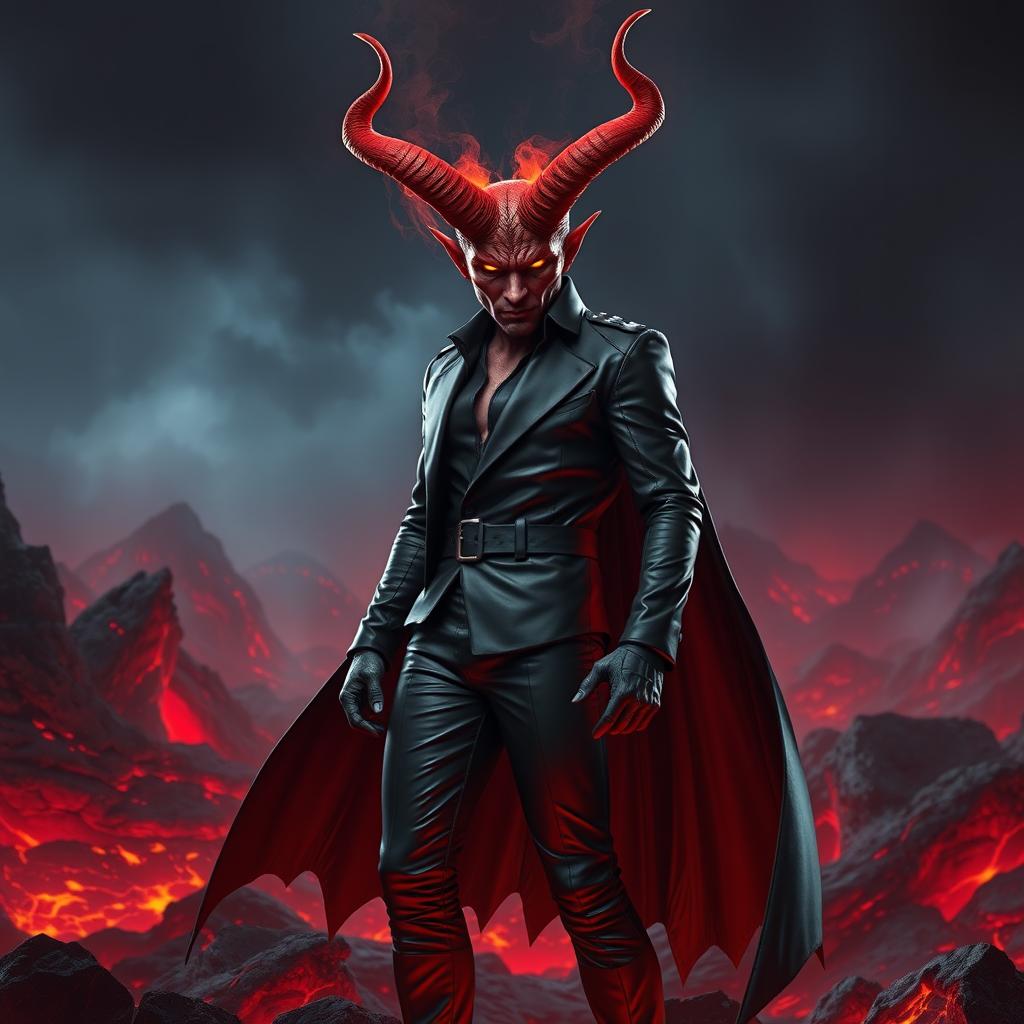 A devilish figure with an imposing presence, featuring large, curved horns protruding from a fiery red forehead
