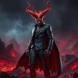 A devilish figure with an imposing presence, featuring large, curved horns protruding from a fiery red forehead