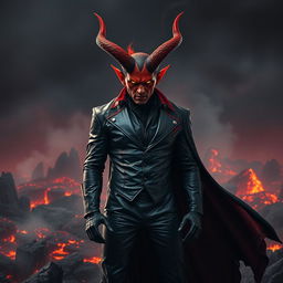 A devilish figure with an imposing presence, featuring large, curved horns protruding from a fiery red forehead