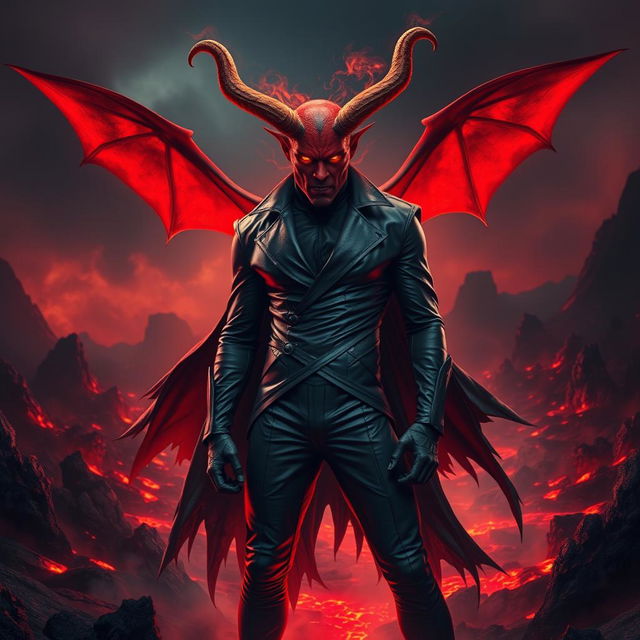 A devilish figure with an imposing presence, featuring large, curved horns protruding from a fiery red forehead