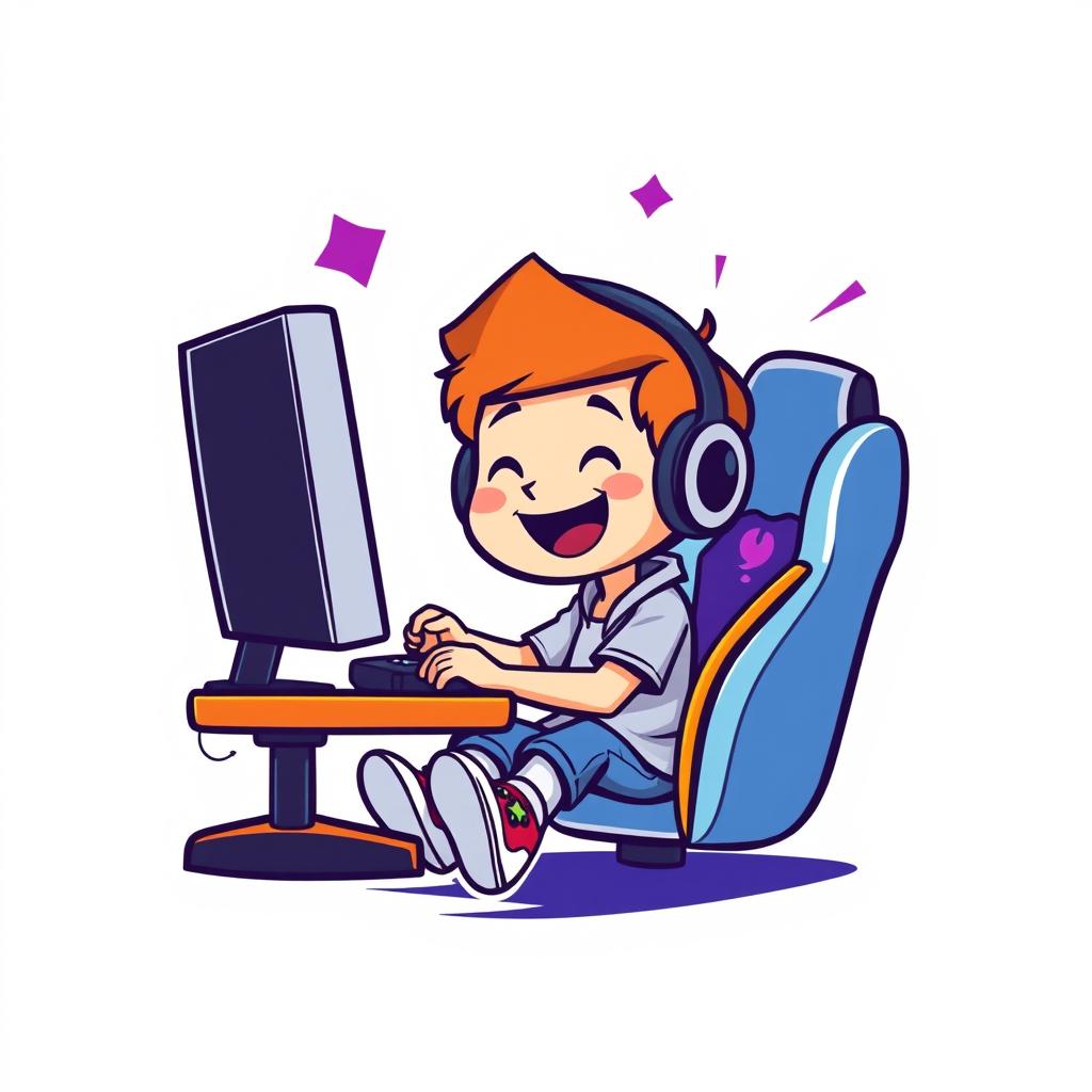 A logo design depicting a simple cartoon-style boy sitting in front of a desktop PC, gaming enthusiastically