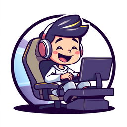 A logo design depicting a simple cartoon-style boy sitting in front of a desktop PC, gaming enthusiastically