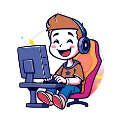 A logo design depicting a simple cartoon-style boy sitting in front of a desktop PC, gaming enthusiastically