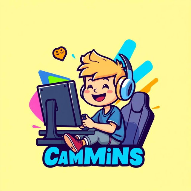 A logo design depicting a simple cartoon-style boy sitting in front of a desktop PC, gaming enthusiastically