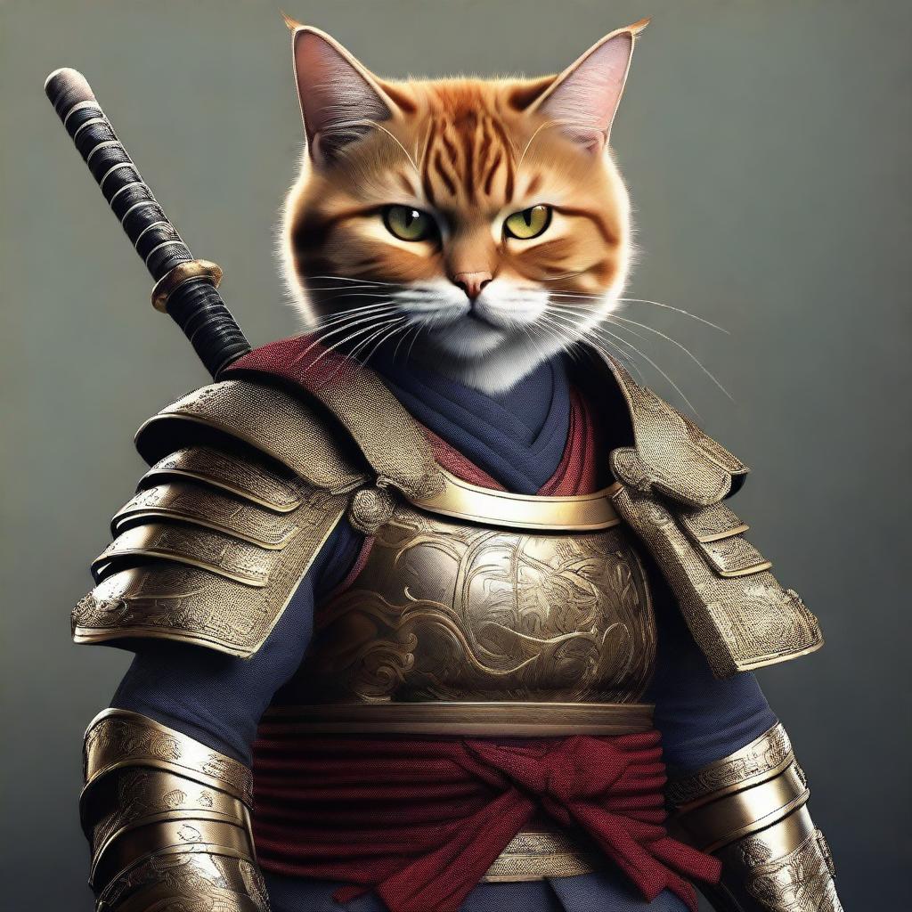 A hyper-realistic digital art image showcasing a cool cat as a brave and angry samurai