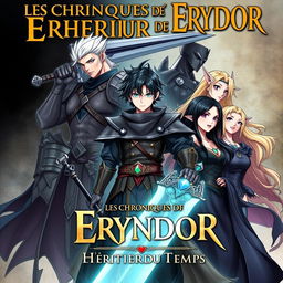 A fantastical book cover for "Les Chroniques d'Eryndor: L'Héritier du Temps" featuring five protagonists with Eryndor at the center